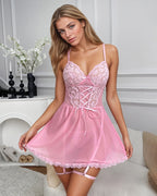 Pink lace patchwork babydoll nightdress with lace cups and adjustable straps.