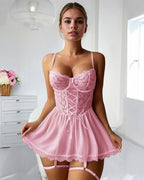 Pink lace patchwork nightdress with floral lace cups and adjustable straps, romantic lingerie