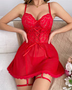 Red lace babydoll nightdress with lace cups, adjustable straps, and leg garters.