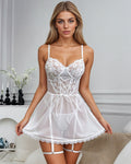 White lace patchwork babydoll nightdress with adjustable straps and leg garters
