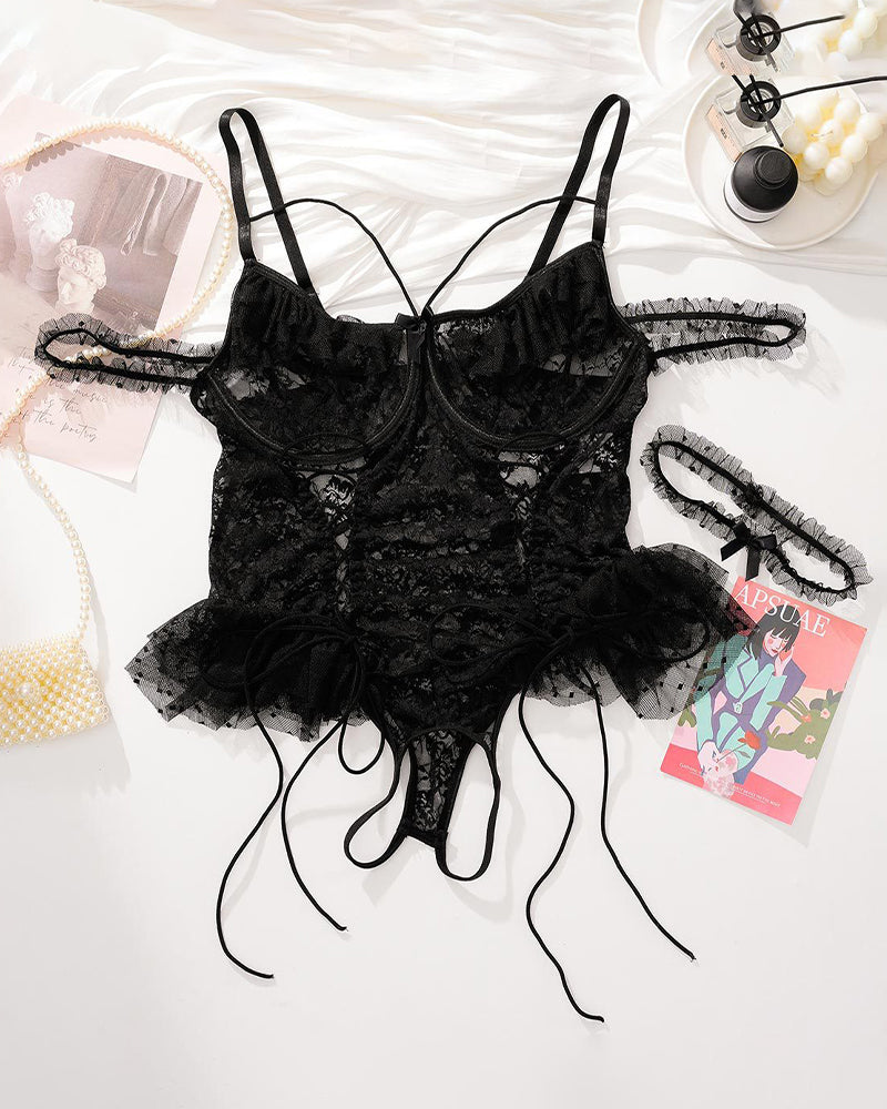 Black lace bodysuit with adjustable straps, floral lace cups, and lace-up detail, plus size lingerie