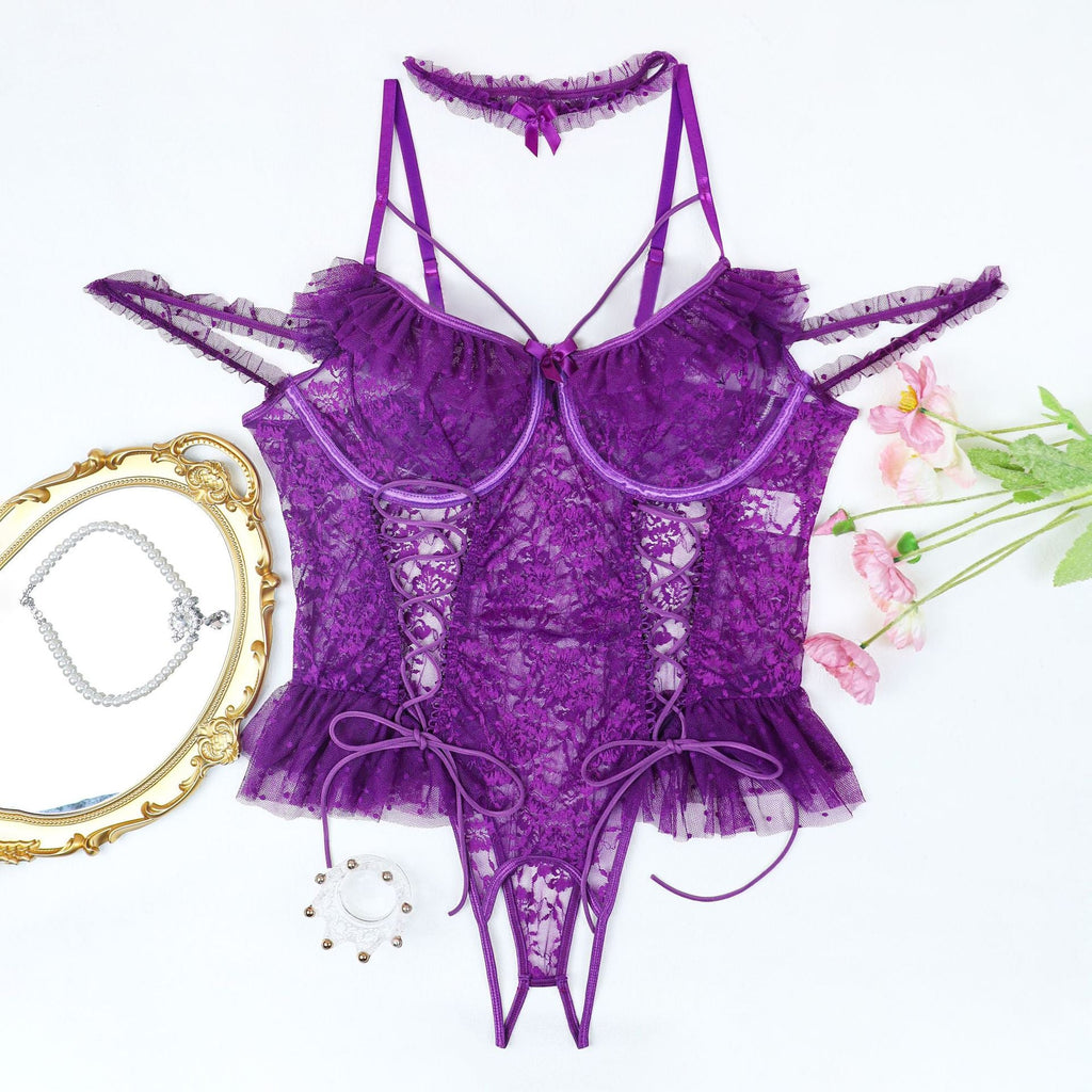 Plus size purple lace bodysuit with adjustable straps, floral lace cups, and lace-up detail
