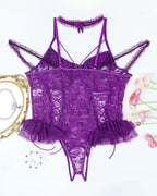 Plus size purple lace bodysuit with adjustable straps and lace-up detail