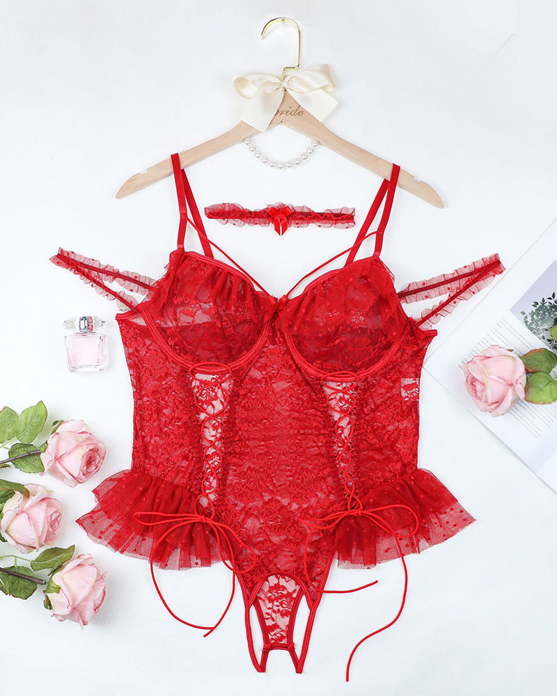 Red lace bodysuit with adjustable straps, floral lace cups, and lace-up detail, plus size lingerie