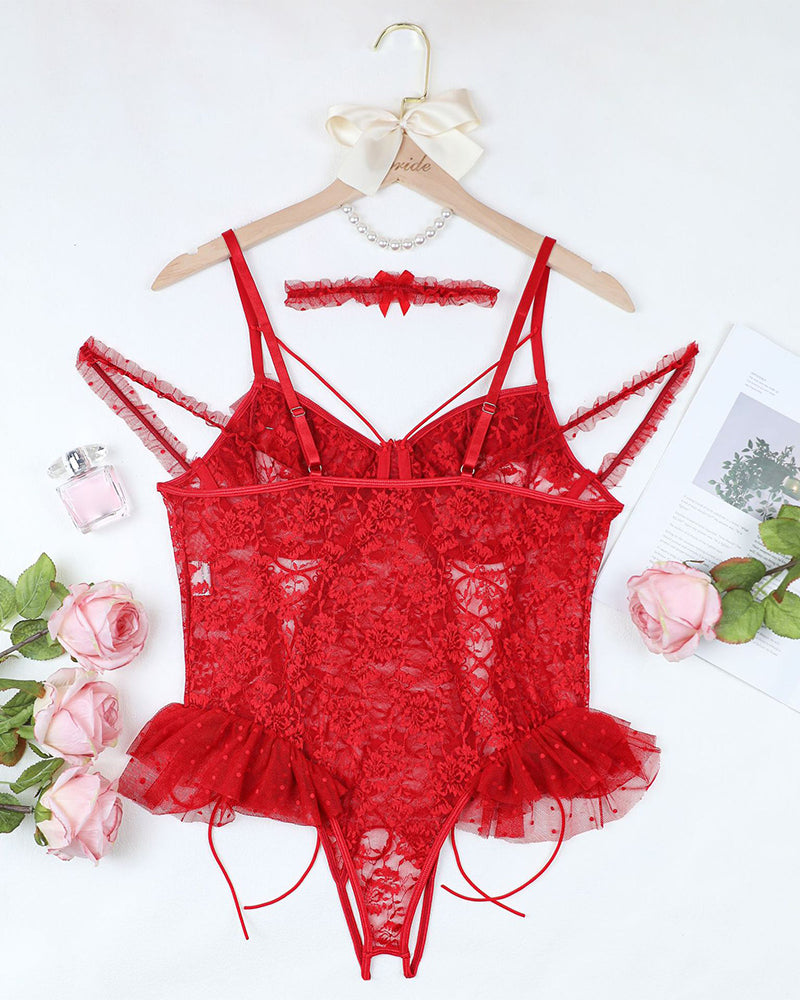 Plus Size Red Lace Bodysuit with Adjustable Straps and Lace-up Detail, Floral Lace Cups