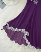 Purple asymmetric babydoll lingerie with white lace trim, low-rise design, perfect for sensual wear