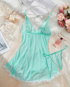 Mint green babydoll lingerie set with contrast lace and low-rise thong, perfect for sensual wear