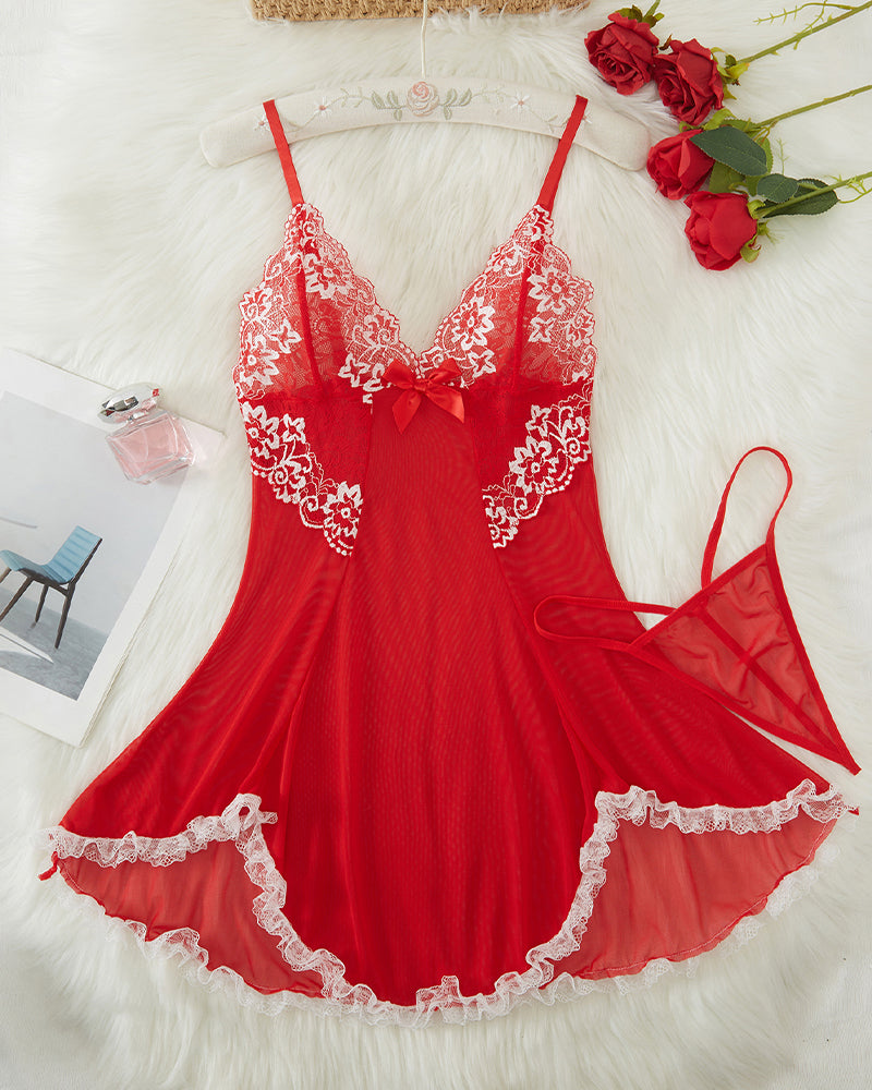 Red lace asymmetric babydoll lingerie set with low-rise thong, sensual design