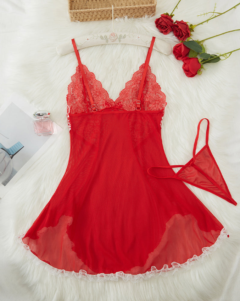 Red contrast lace asymmetric babydoll lingerie set with low-rise thong, perfect for sensual wear