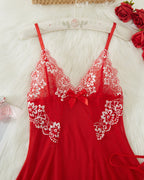 Red Contrast Lace Asymmetric Babydoll lingerie with white lace trim and bow detail