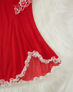 Red asymmetric babydoll lingerie with white lace trim, low-rise design, perfect for sensual wear