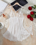 White Contrast Lace Asymmetric Babydoll lingerie set with lace trim and thong