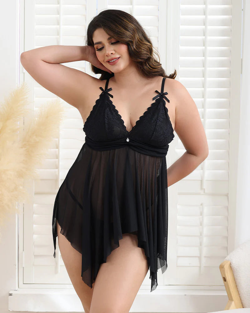 Plus Size Flowy Irregular Hem Babydoll With G-String