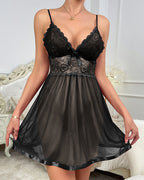 Black lace bow mesh slip dress, spaghetti straps, mini, Valentine's Day lingerie