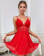 Red lace bow mesh slip dress, spaghetti straps, mini, Valentine's Day lingerie