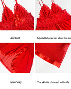 Red mesh slip dress with lace bust, adjustable straps, and silk trim. Sexy lingerie.