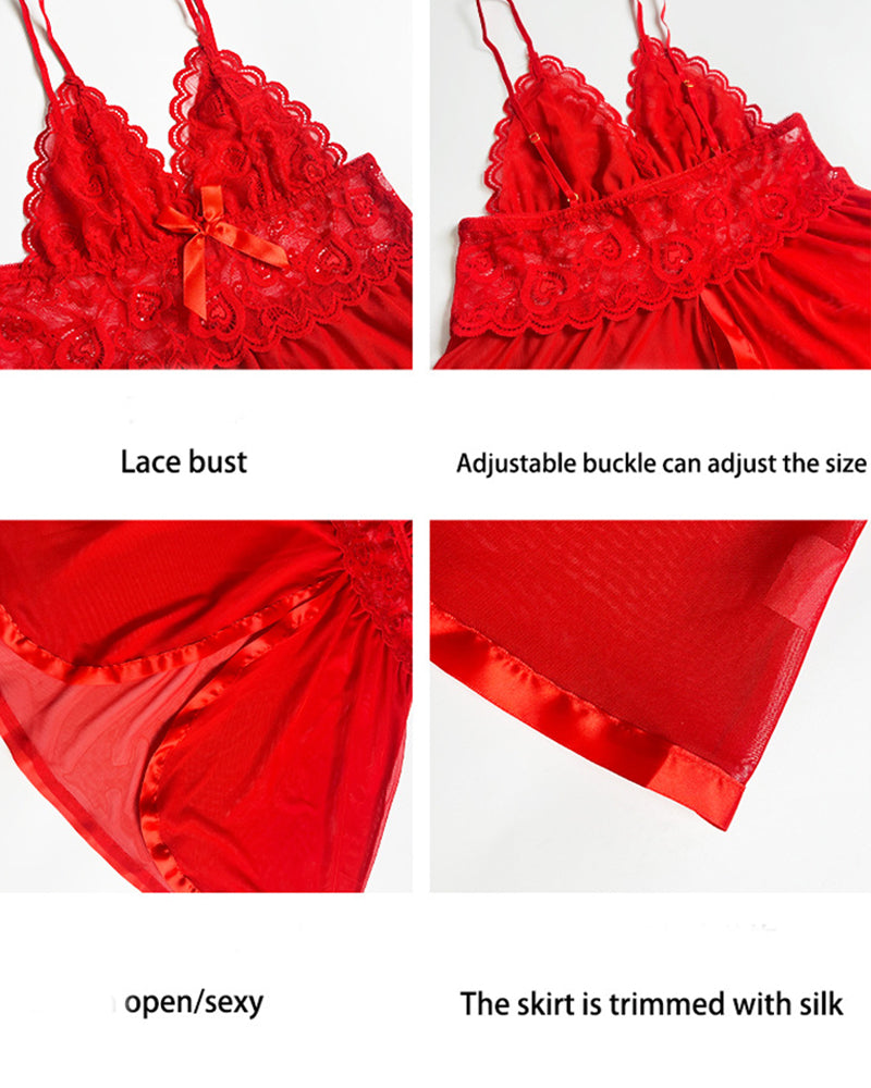 Red mesh slip dress with lace bust, adjustable straps, and silk trim. Sexy lingerie.