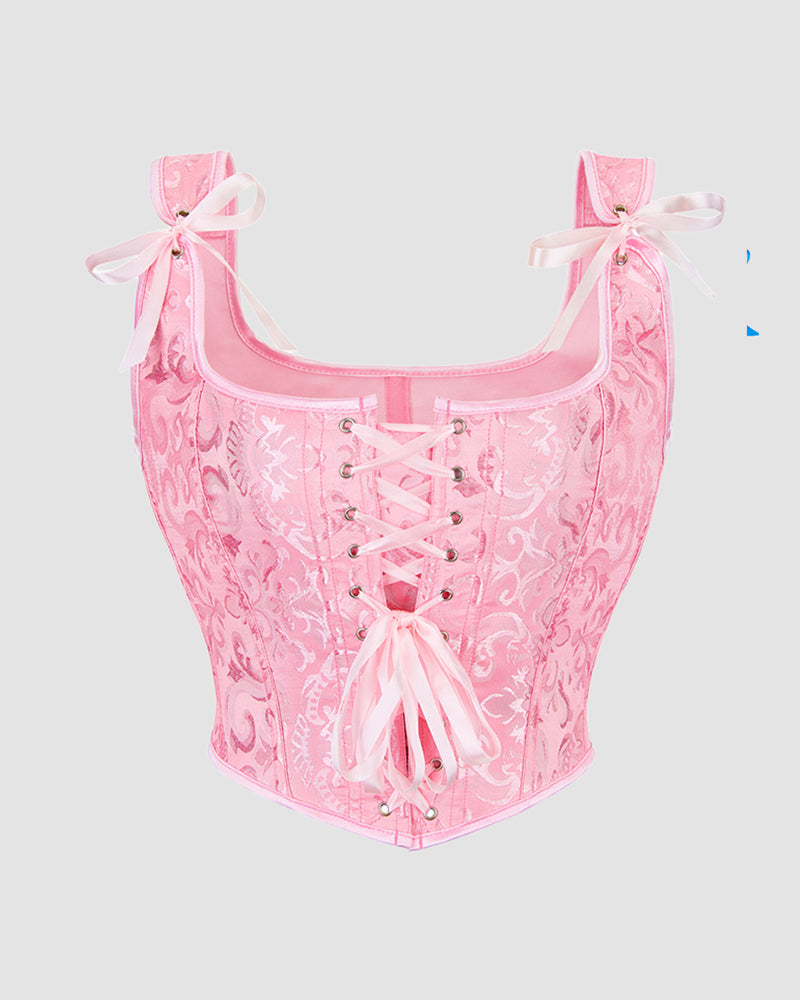 Pink floral 1950s corset with lace-up front, waist training design for parties and weddings