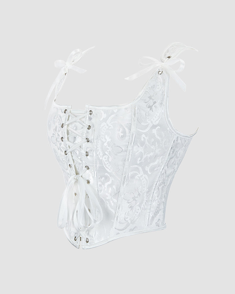 White 1950s floral corset with lace-up front. Waist training for parties and weddings.