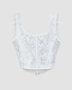 White 1950s floral corset with ribbon details, waist training design for parties and weddings.