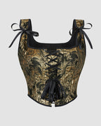 1950s golden corset with black straps and lace-up front, providing support and a flattering fit.