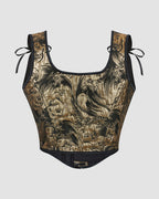 1950s golden corset with black straps and floral pattern, ideal for special occasions.