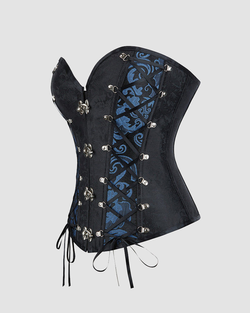 Black gothic corset with blue floral accents, 12-boned structure, perfect for parties and weddings