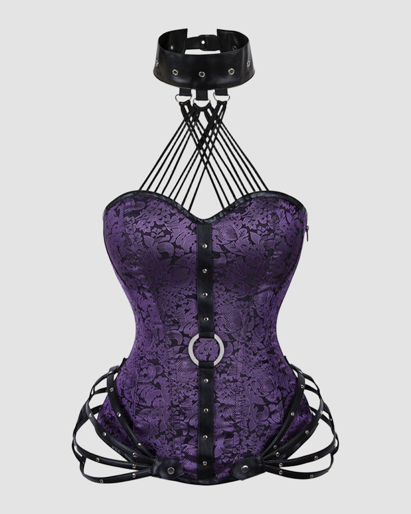 Purple floral corset with black leather accents and choker, ideal for parties and weddings.