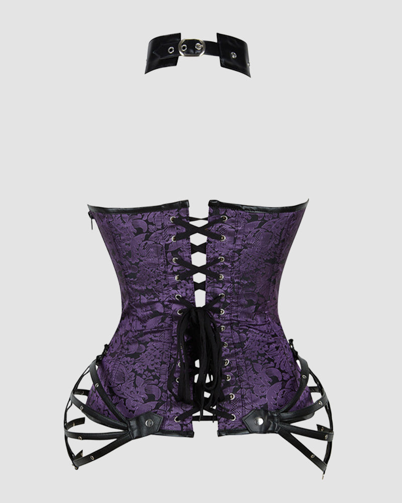 Purple floral 1980s corset with black leather accents and choker, ideal for parties and weddings