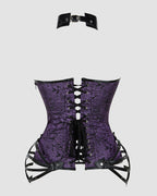 Purple floral 1980s corset with black leather accents and choker, ideal for parties and weddings