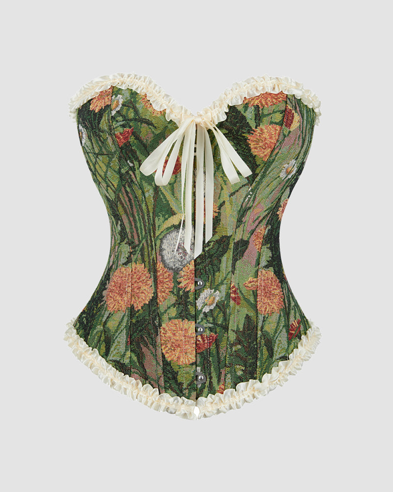 1930s floral lace corset with boning, sweetheart neckline, and cream bow.