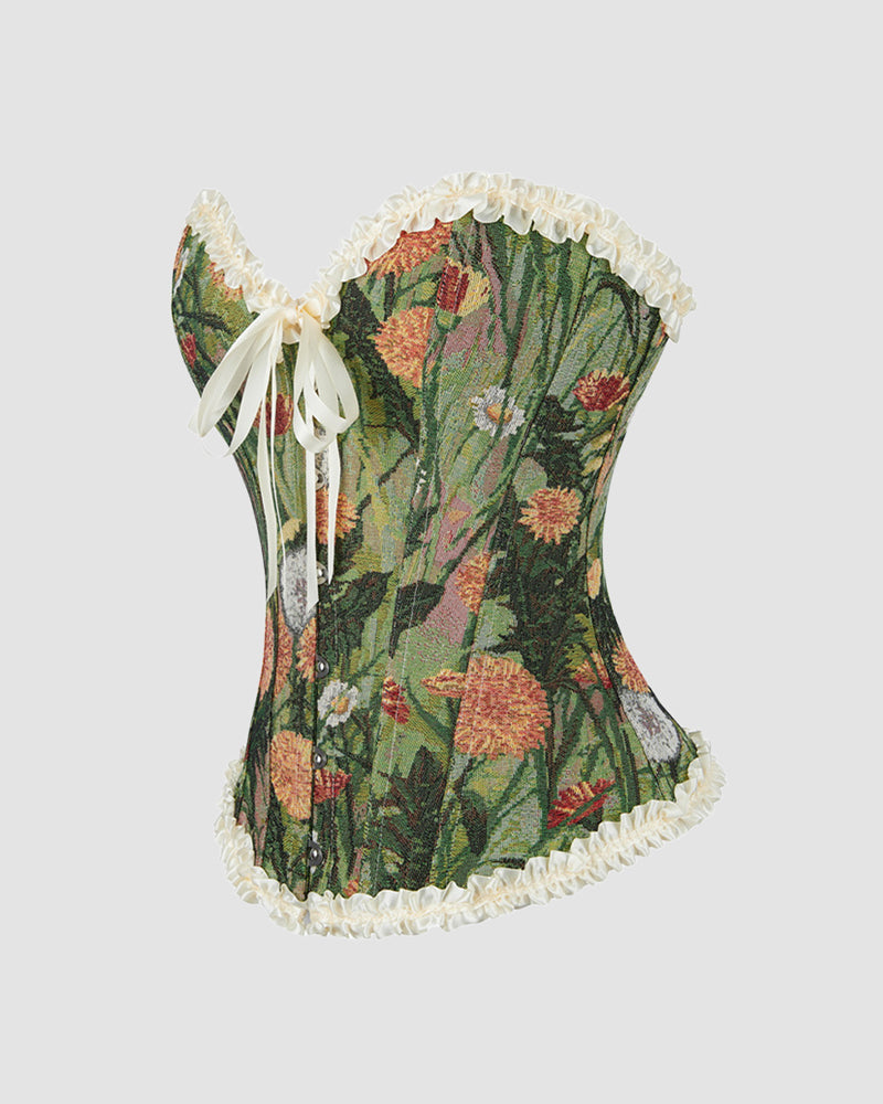 Floral tapestry corset, 1930s style, sweetheart neckline, cream ruffles and bow, for parties
