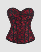 Dark red corset with black lace overlay, 1950s style, perfect for parties and weddings