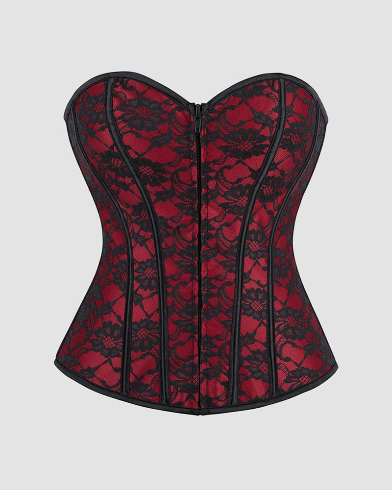 Dark red corset with black lace overlay, 1950s style, perfect for parties and weddings