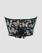 Black butterfly corset with sweetheart neckline, boned for support, 1950s style, cotton corset