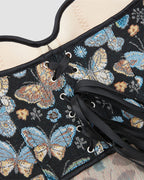 1950s boned cotton butterfly corset, black with butterfly print, satin ribbon lacing
