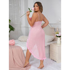 Plus Size Pink Semi-sheer Slit Suspender Dress with Ruffled Trim, model holding a rose
