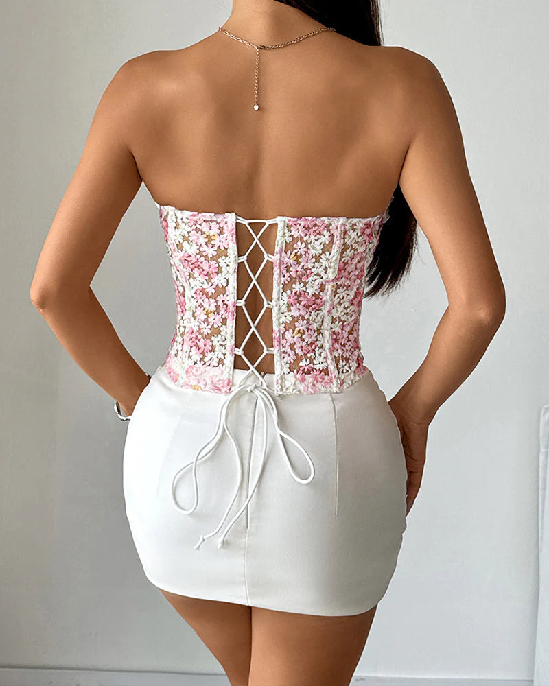 Floral Printed Lace-Up Strapless Tube Top