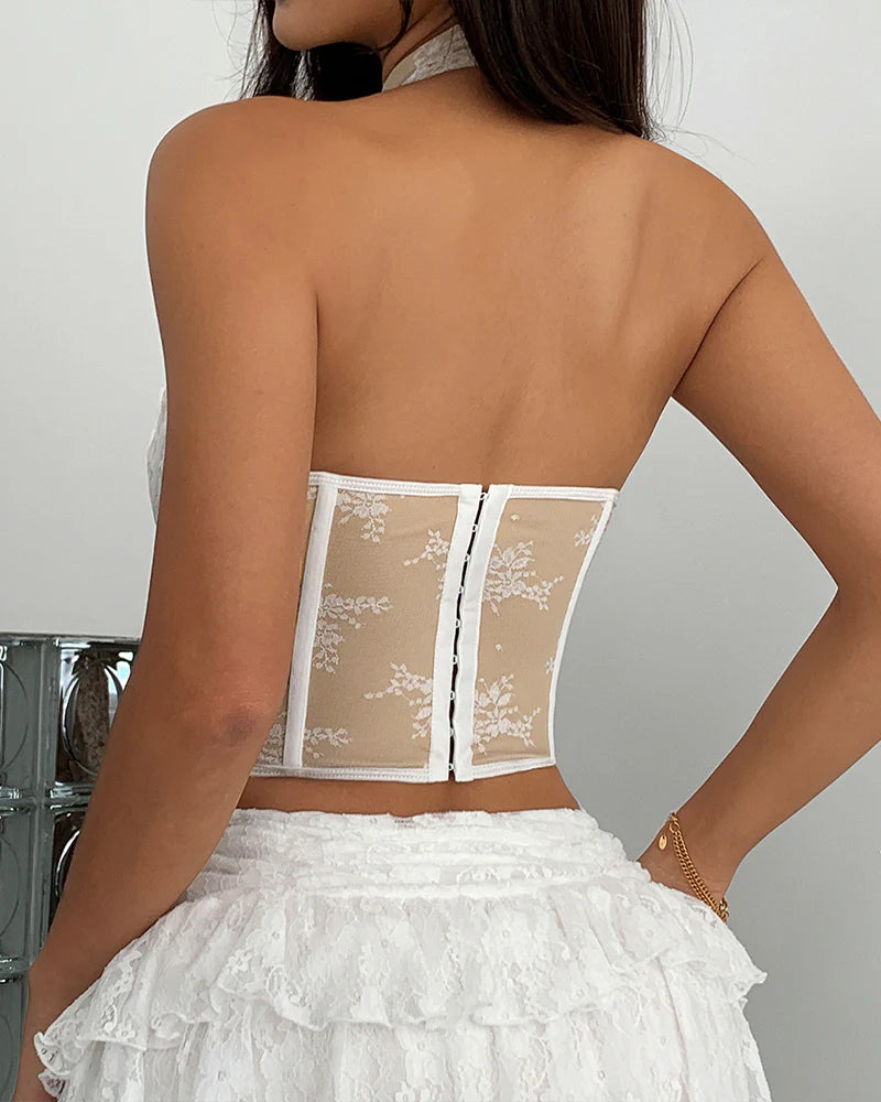 Lace Bead Cut Out Backless Bustier
