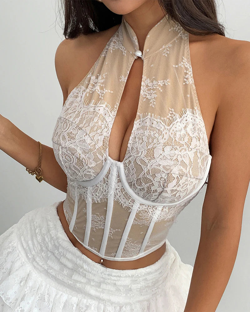 Lace Bead Cut Out Backless Bustier