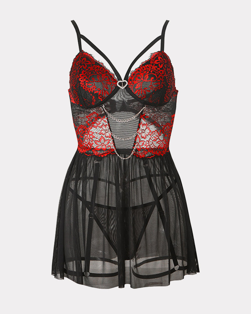 Black and red lace babydoll with garter belt, embroidered lace, and chain details for a sexy look.