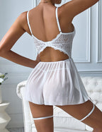 White lace babydoll lingerie with garter belt, designed for a flattering and sexy look.