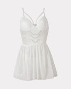 White lace babydoll lingerie with chain detail, push-up cups, and garter belt for a sexy look.
