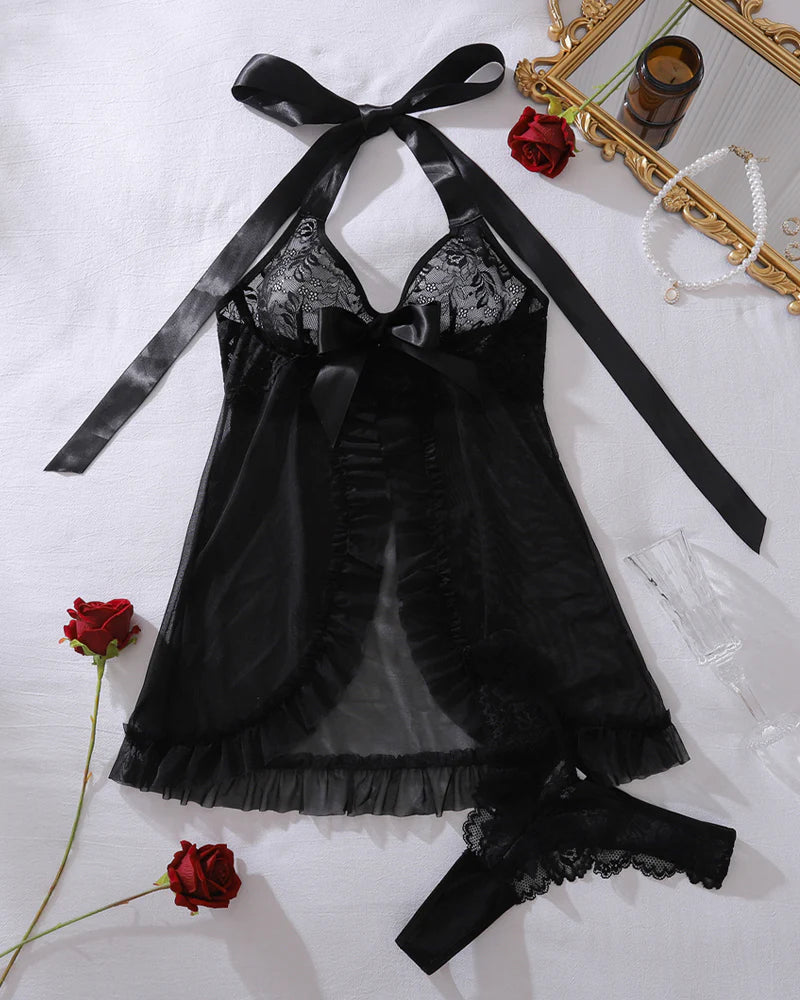 Lace Open Front Halter Babydoll Nighty