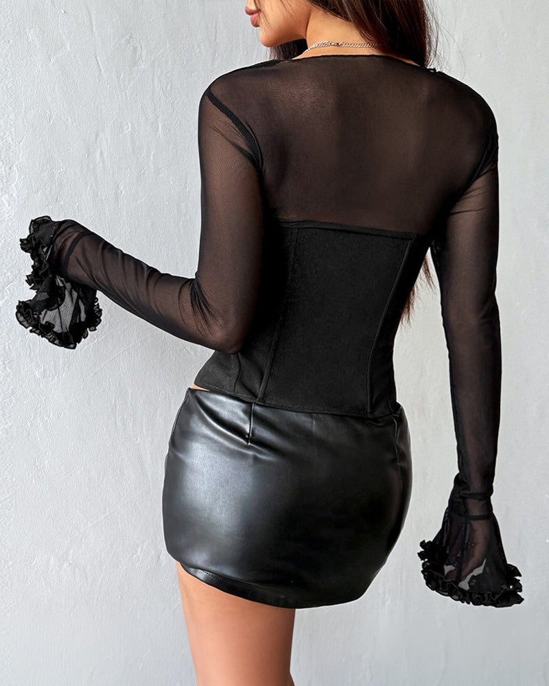 Mesh Long Sleeve Lace-up Corset