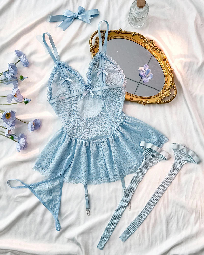 Floral Lace Garter Babydoll with Stocking