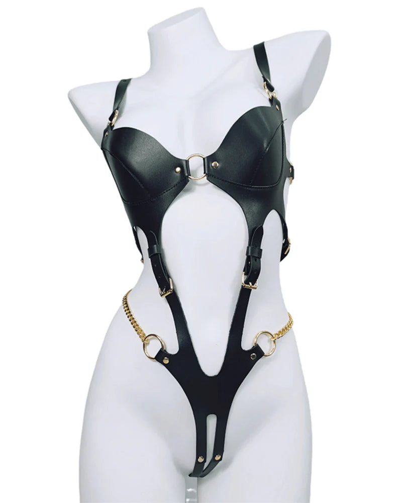 Black Leather Harness Bodysuit