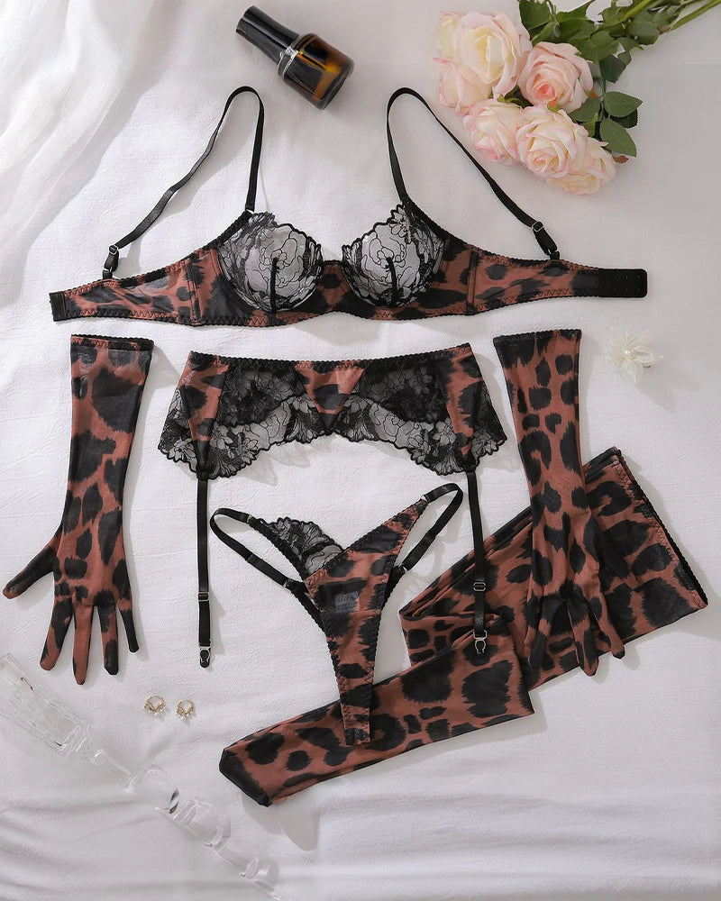 Leopard Lace Lingerie Set with Gloves & Sockings