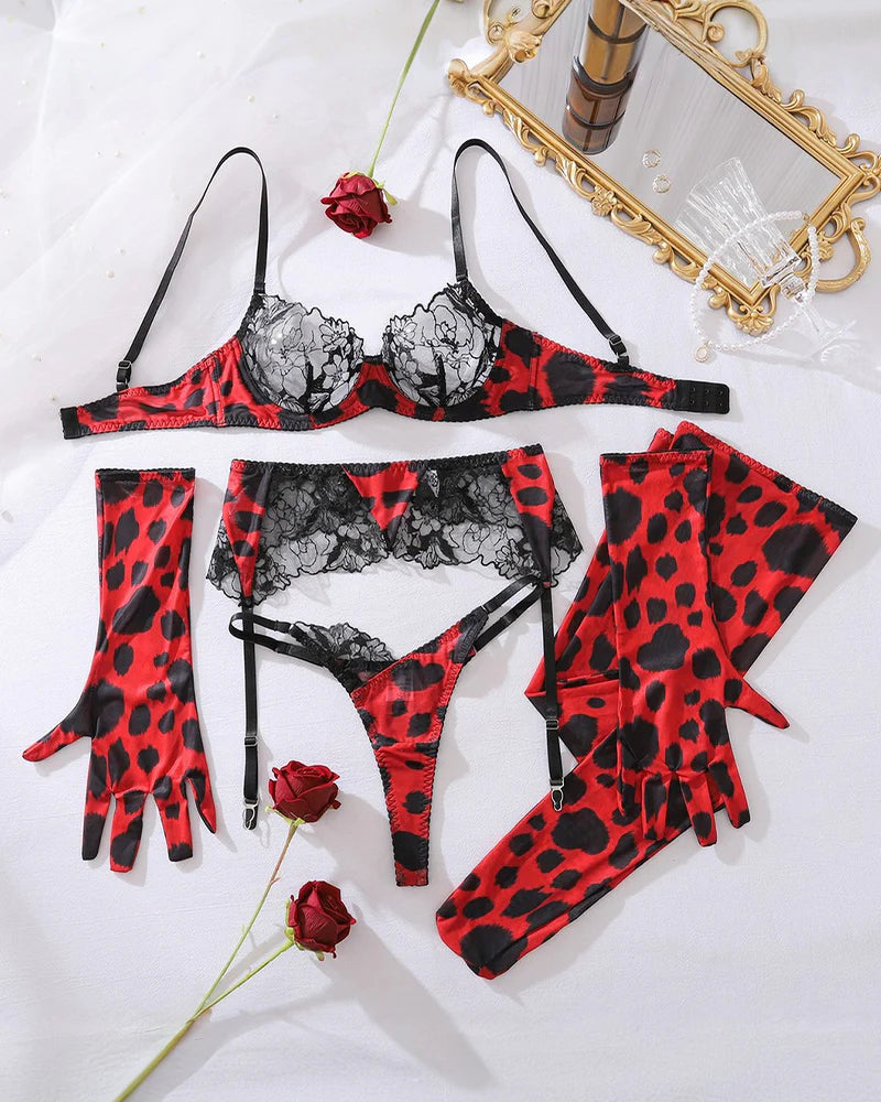 Leopard Lace Lingerie Set with Gloves & Sockings