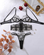 Floral Embroidered Lace 3-Piece Lingerie Set